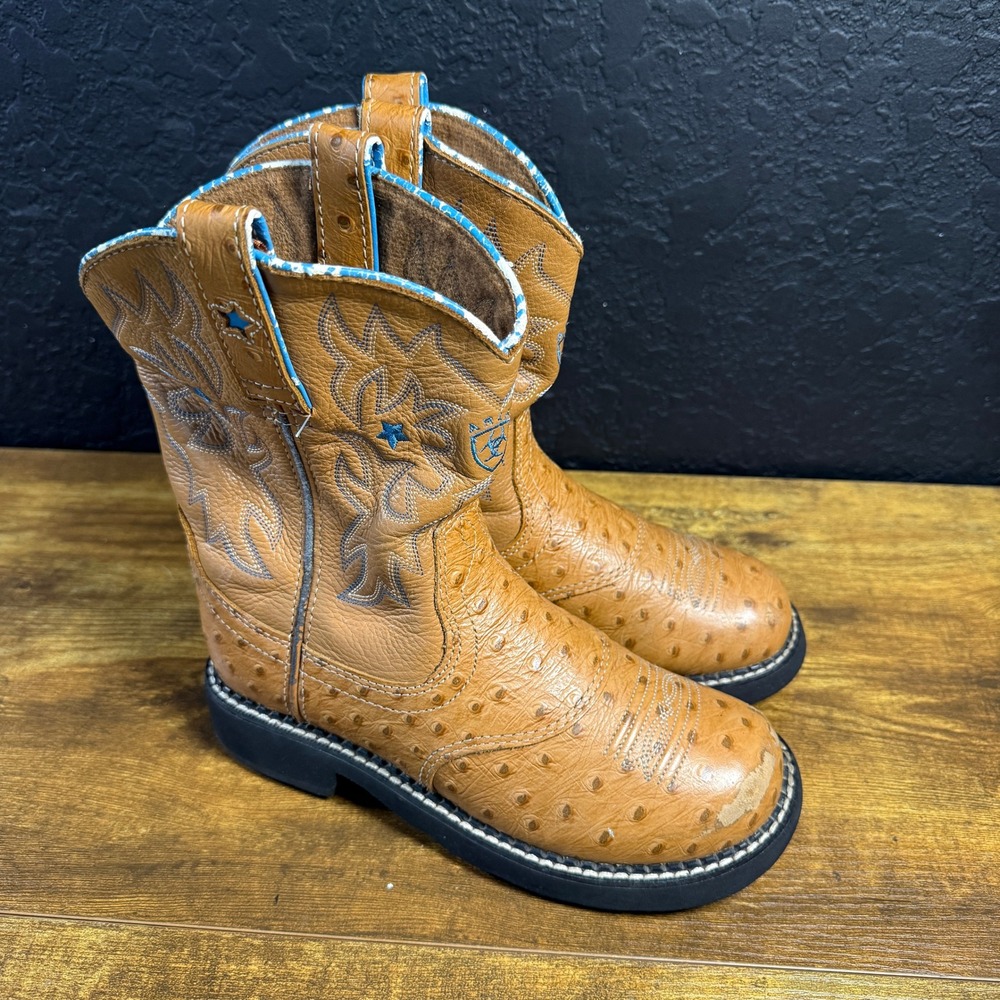 Ariat Ostrich Print 32969Y‎ Brown Leather Western Cowboy Boots Kids Size 3